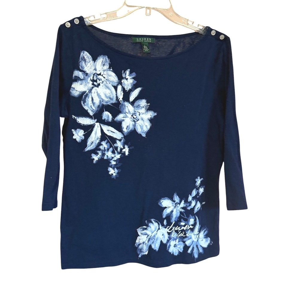 Lauren Ralph Lauren Navy Blue Floral Boat Neck‎ 3/4 Sleeve Cotton Top Womens L